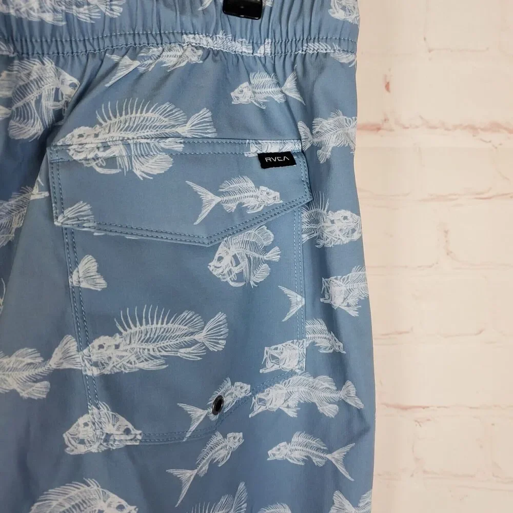 NEW RVCA Mens Horton Fish Elastic Short XL Blue Swim Surf Casual 7" Inseam - Picture 9 of 15